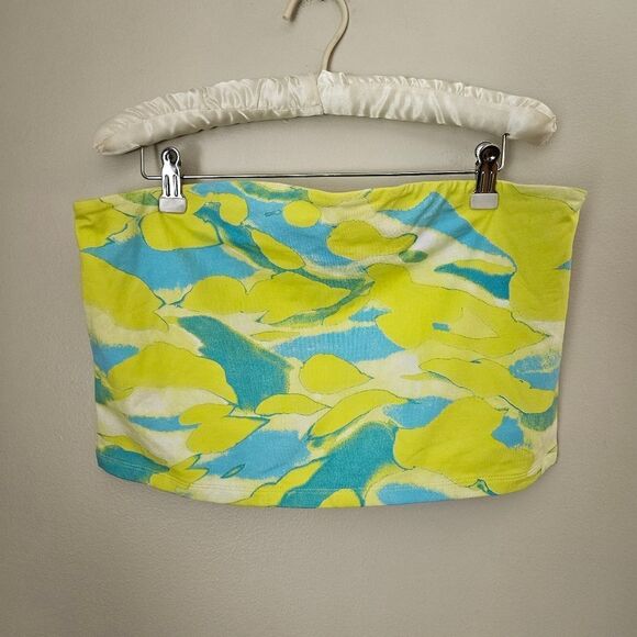BP Tube Top Crop Strapless Blue Yellow Tie-Dye Casual Summer Vacation Neutral - Picture 9 of 9